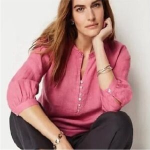 J. Jill Love Linen Blouse Women's Size S Popover Ruffle Collar Buttons pink